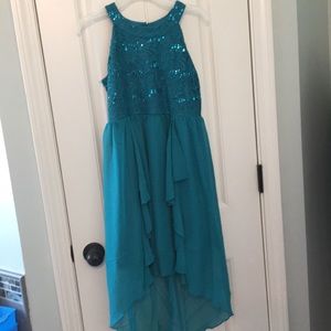 Girls 12 teal dress sparkles asymmetric hem new